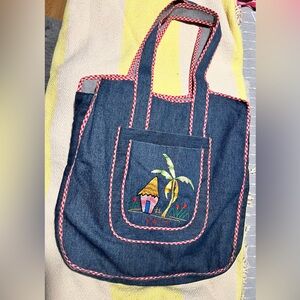 Denim tote embroidered. Hand made Haiti like new. 15x16. Denim purse or tote